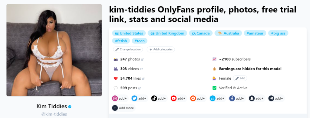 @kim-tiddies Schermata della pagina Fansmetric del modello onlyfans più economico